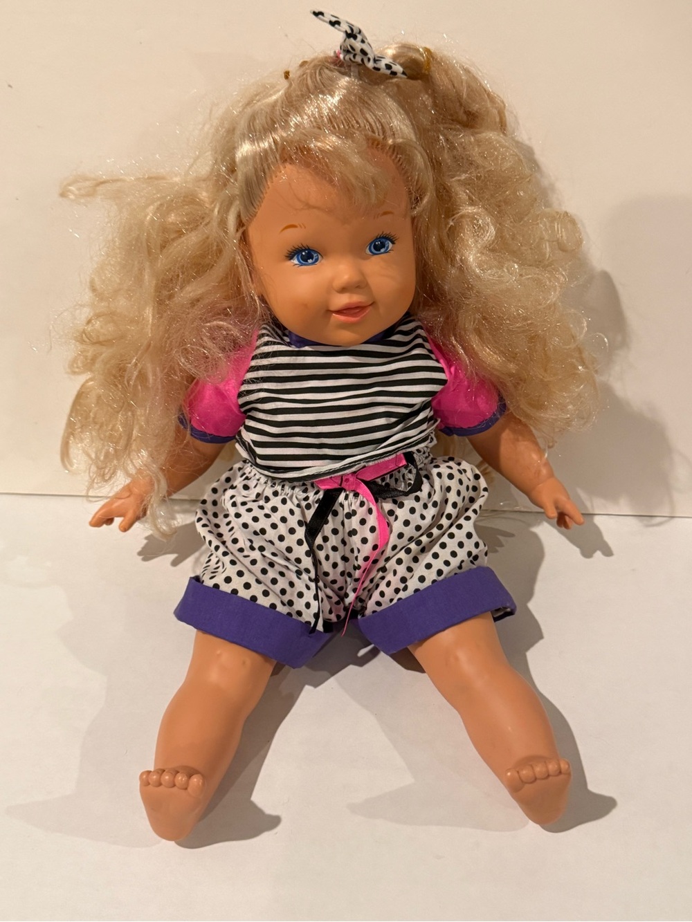 Vintage 1991 Mattel Blonde Curly Doll in Pink, Black, White & Purple Outfit